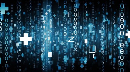 Wall Mural - abstract digital art depicting a cascading stream of glowing symbols, resembling binary code or a da