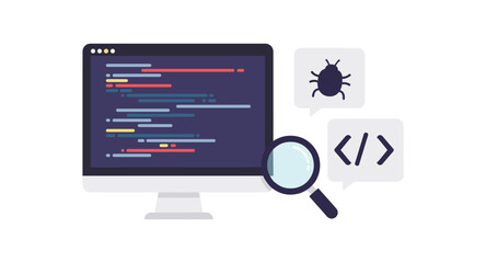 Flat design computer screen with bug detection and code debugging elements