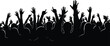 © Hussain - Silhouette of a large crowd of people with raised hands, cheering and celebrating an event, vector illustration of a group of fans at a concert