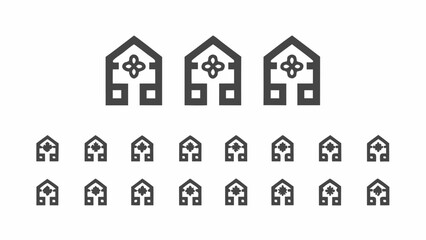 Wall Mural - Illustration of multiple house icons with flower symbol in the center and square shaped legs arranged in rows