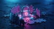 © Kreatif Studio - Cybersecurity concept with glowing padlock surrounded by puzzle pieces, representing data protection and digital security in a modern world, secure and safe