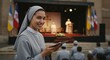 © Светлана Воротняк - Woman nun holding tablet and smiling at camera. Catholic sister using modern technology in church. Christian faith and religion concept.