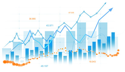 Abstract financial chart with blue bars, orange dots, and various line graphs, geometric style, on white background. Concept of analysis and growth