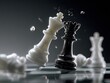 © reno - Dramatic close-up of a chess game's climax; the white king falls, toppled by the black queen, amidst scattered pieces on a reflective board