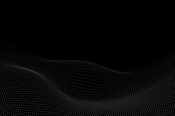 White grey dotted wave – minimal glowing particle gradient, smooth technology wave on black background. The arrangement of the dots forms a smooth, gradient effect.