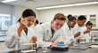 © Life Shyntax - Diverse group of young students in lab coats conducting a chemistry experiment in a science classroom.