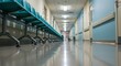 © Cleverson - Empty teal chairs line a long, shiny hallway with doors and bright lights creating a clean, sterile environment.