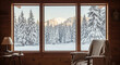 © Philippova - Cozy cabin interior with large windows showcasing a snowy mountain landscape