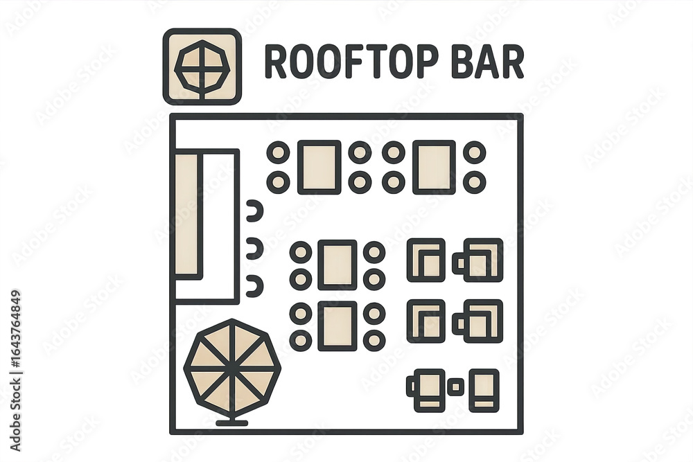 Top view floor plan of rooftop bar with tables and umbrellas, rooftop ...