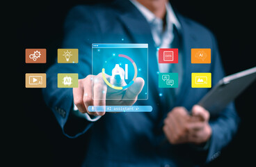 businessman shi went to. ai application icons for communication, search, email, and innovation, repr