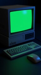 Vintage computer with a green screen, keyboard and mouse on a desk