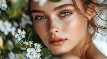 Wall Mural - a woman with long, wavy brown hair and freckles, wearing a white dress, standing in a lush, green ga