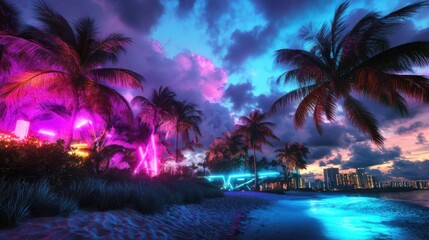 Wall Mural - miami beach front city background, neon colors