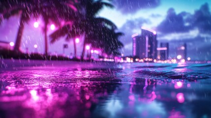 Wall Mural - miami beach front city background, neon colors