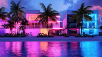 Wall Mural - miami beach front city background, neon colors