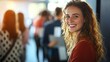 © sambath - A young woman with curly hair smiling in a hallway.