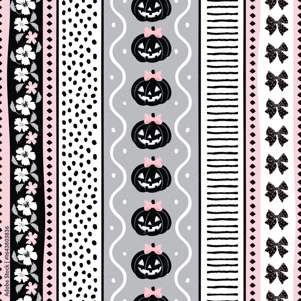 Black and blush pink Coquette Halloween striped seamless pattern with ...