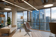 © Akshatha - Modern office space with panoramic city view showcasing contemporary furniture and natural lighting in a high-rise building