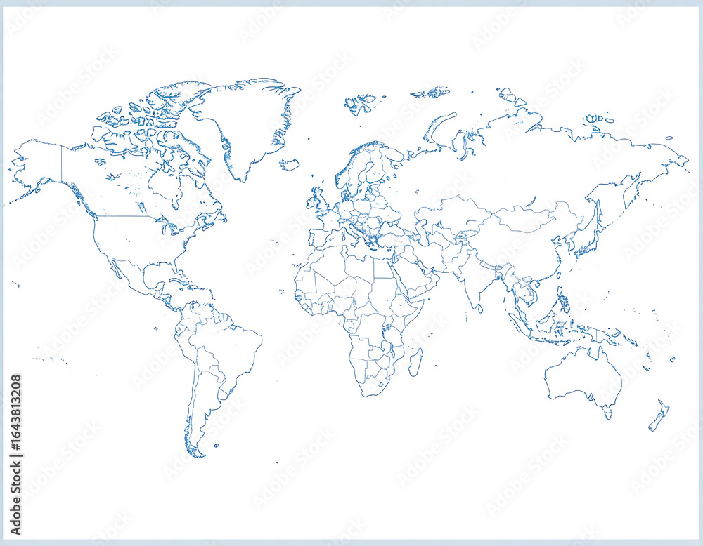 Simple world map with country borders, showing all continents. Stock ...