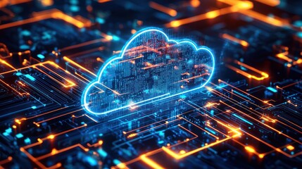 Wall Mural - a glowing, futuristic cloud icon on a circuit board with a blue and orange color scheme.