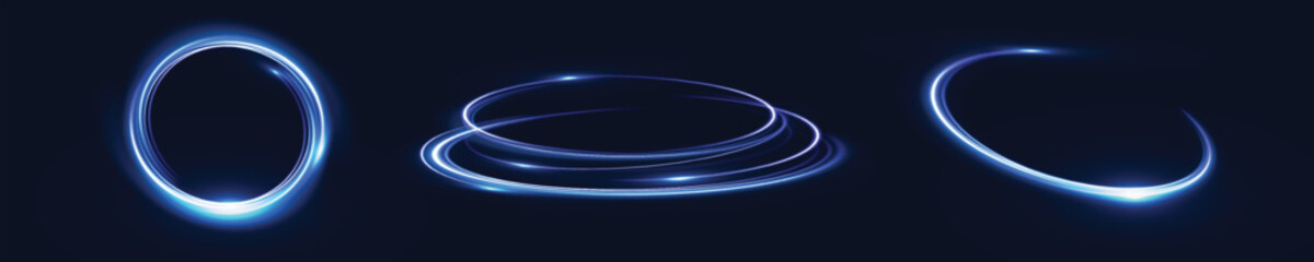 Wall Mural - Abstract light effect of glowing line, bright swirl moving in circle on transparent background. Light flow speed effect. Vector