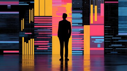 Wall Mural - Silhouette of a Businessman Against a Colorful Abstract Digital Wall with Reflections and Lights