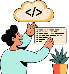 a person coding with a cloud and code block illustration showing software development and programmin