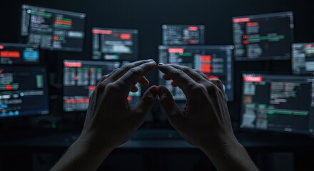Two hands in the foreground form a peaked shape set against multiple monitor displays showing lines of code