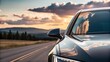 © millennium - Luxury car parked on scenic road with sunset and mountain view