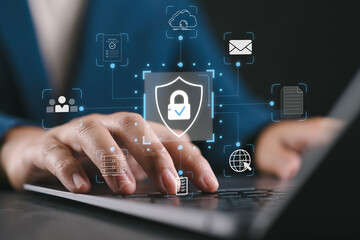 Secure data protection and network security systems. VPN connections and zero trust security. Person using laptop computer with an encrypted data security system.