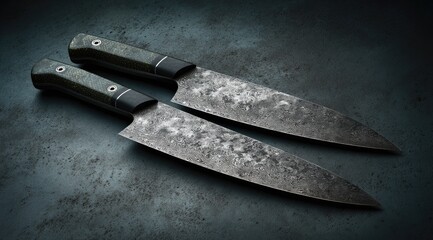 Two handcrafted chef's knives with dark mottled blades, textured green handles, and black accents rest on a dark, mottled surface