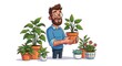 © CREATIVE MOTION - Happy man with glasses holding a potted plant surrounded by houseplants