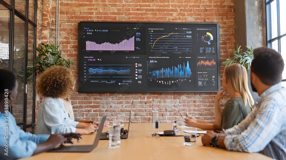 Team reviewing marketing performance data on large screen in office ...