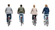© Lyda - Four diverse men and women, mid-age, wearing jeans and jackets, riding sleek comfort bicycles forward on a bright white studio background with no shadows, healthy lifestyle concept.