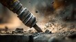 © HPMP Studio - Powerful Jackhammer Breaking Concrete in Construction Site with Dust Explosion