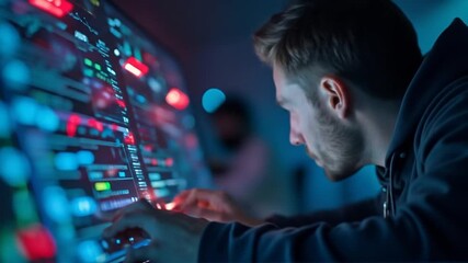 Focused programmer intently coding advanced interfaces with complex data visualization