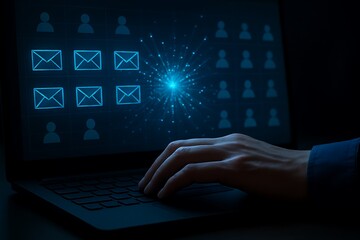 Digital communication network with email icons and user profiles on screen technology