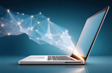 Wall Mural - futuristic laptop with glowing mesh network on a sleek blue background