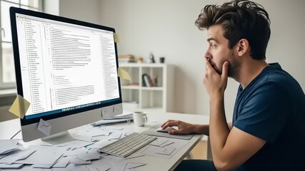 Focused programmer working on a computer surrounded by papers in a modern, bright workspace