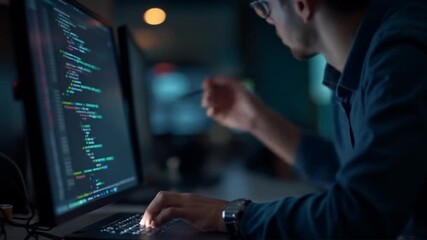 Focused Programmer Working on Code Late at Night in a Dimly Lit Workspace