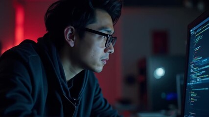 Focused Asian Programmer Immersed in Code on Computer Screen at Night