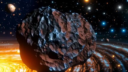Wall Mural - Large rocky asteroid floating near luminous galaxy with swirling orange and yellow accretion disk. Multiple planets and bright stars surrounding massive celestial object in deep space environment.