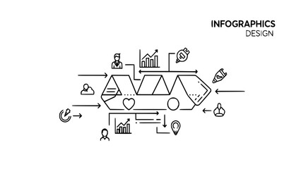 Infographic design with business process flow and data charts isolated on white background