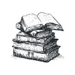 © Maestro - Stack of Old Books Open and Closed with Woodcut Style Detail