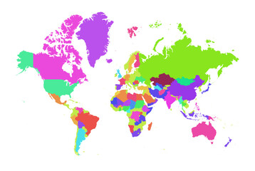  Colorful world map vector with countries and continents in vibrant shades. Perfect for education, travel, infographics, posters, and global business designs. Fully editable high-quality file.
