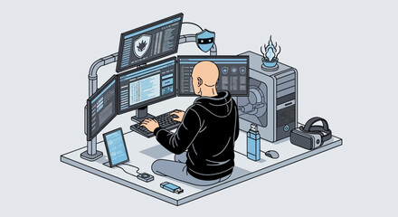 Cartoon illustration of a software developer working on multiple monitors with a clean coding workspace and cybersecurity measures