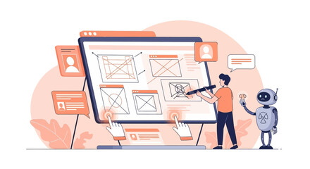 Collaboration between a ui ux designer and ai robot on website interface design illustration