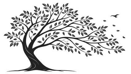 silhouette of a windswept tree with leaves blowing and a bird in flight against a white background
