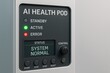 © Perception.TS - AI space medical assistant. A sleek AI health pod with status indicators, green for active, red for error, and a control panel