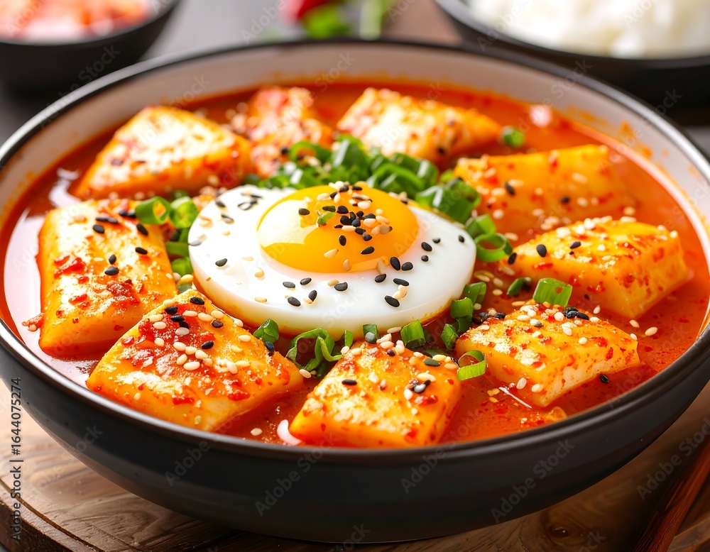 Vibrant Korean Tteokbokki Spicy Rice Cakes Garnished with Boiled Egg ...